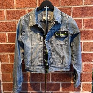 Tie One On NY Y2K denim jacket with Palm Tree trim and Rhinestone buttons SZ 8
